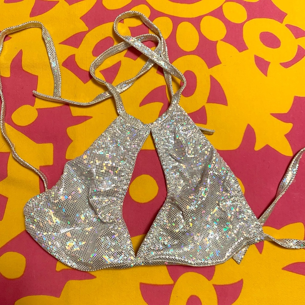 iHeartRaves silver disco keyhole halter top
